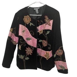 Indigo Moon Women's Black and Pink Vintage Floral Embroidered Jacket Size Large